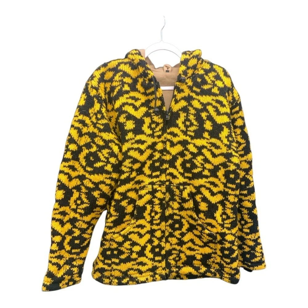 Yellow and Black Patterned Jacket with hoodie 100 % Wool UNIQUE - Picture 4 of 13